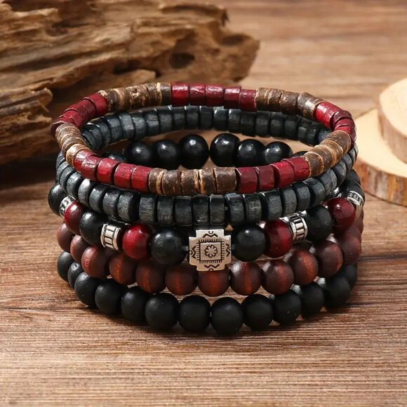 5pcs Red and Black Beads Coconut Shell Bracelets – Unisex - Picture 1 of 3